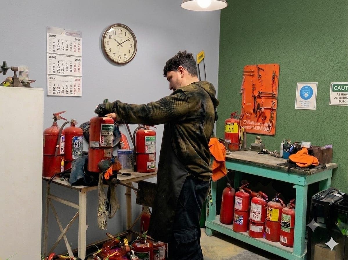 Técnico recargando matafuegos en el taller de Casa Sener