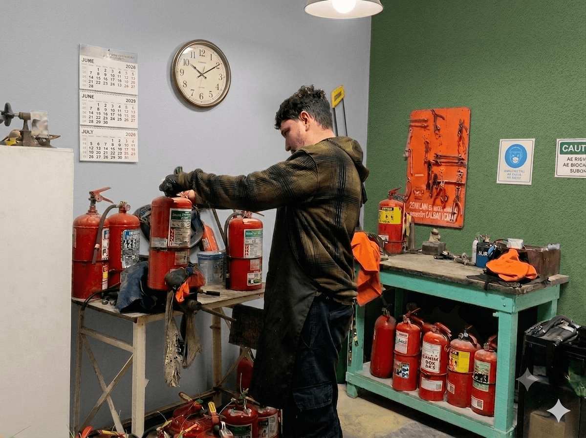 Técnico recargando matafuegos en el taller de Casa Sener